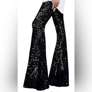 EVALESS Women Sequin Pants Sparkly Glitter High Waisted Wide Leg Flare Trousers